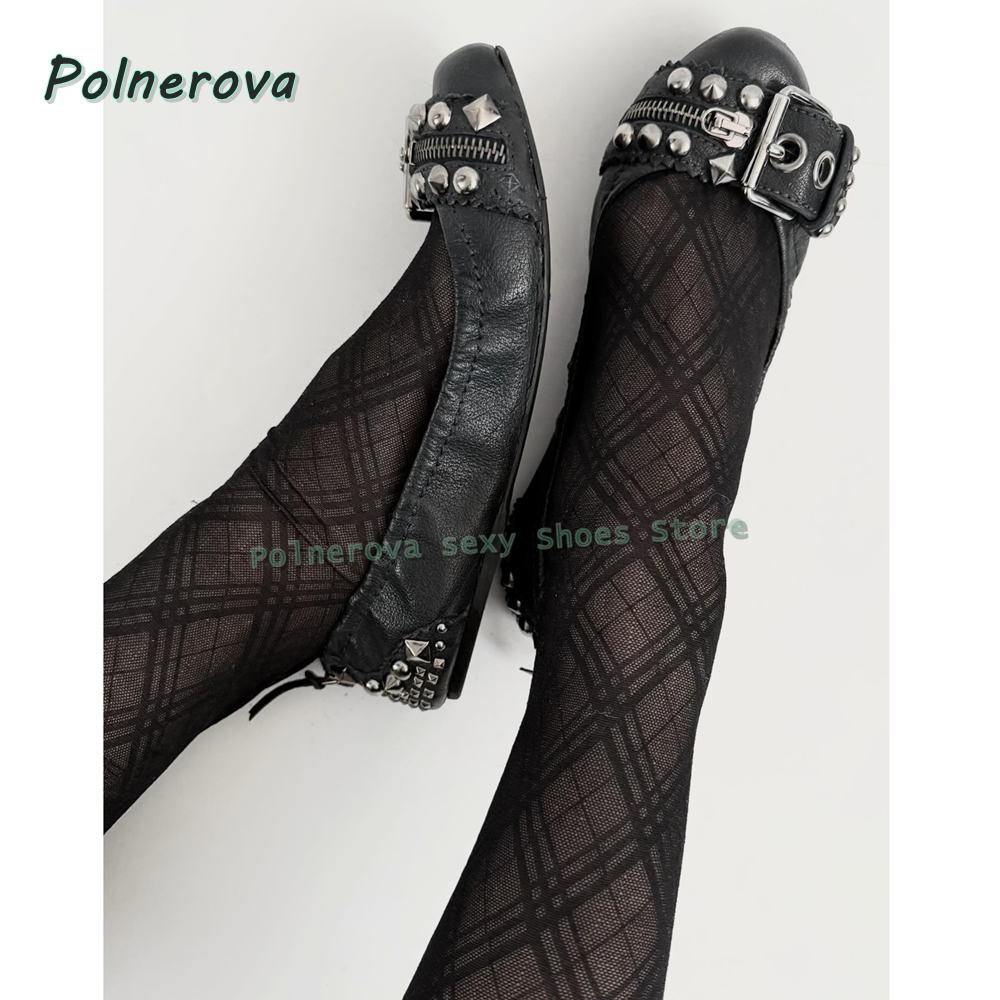 Women'S Shoes - Buty Mary Jane z nitowaną klamrą,
