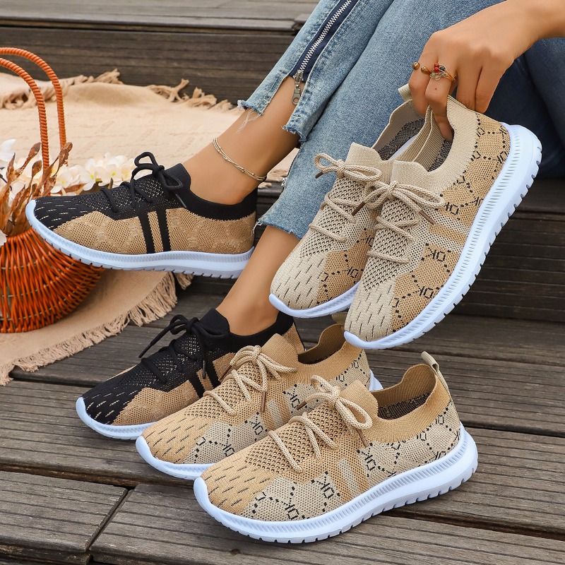 Knit Fabric Lace Up Sneakers - 2026 Nowe sznurowane okrągłe damskie sneakersy