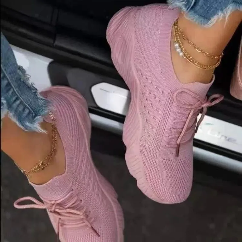 Damskie casualowe sneakersy z  – Knit Fabric Lace Up Sneakers recenzja i cena